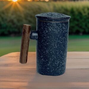 Ceramic Tea Infuser Mug Set Wood Handle Embossed Lid Dark Grey Stoneware